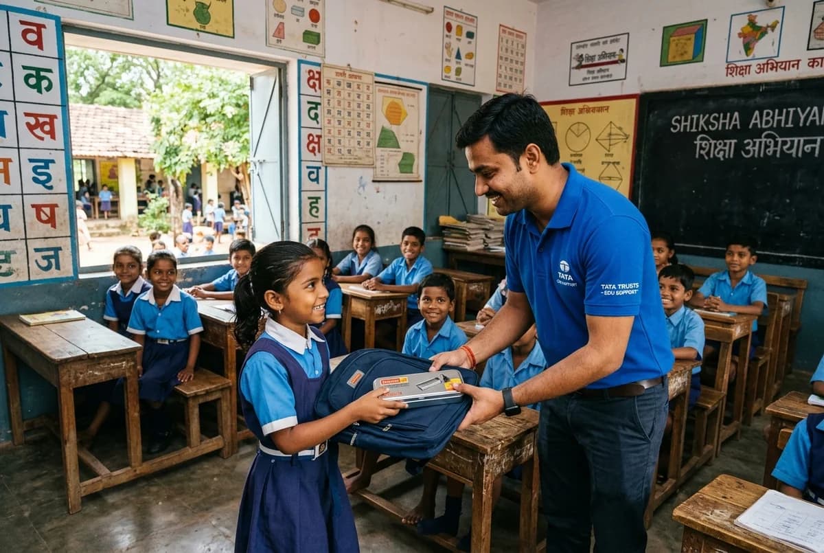 Primary school education support with bags, geometry boxes and learning kits