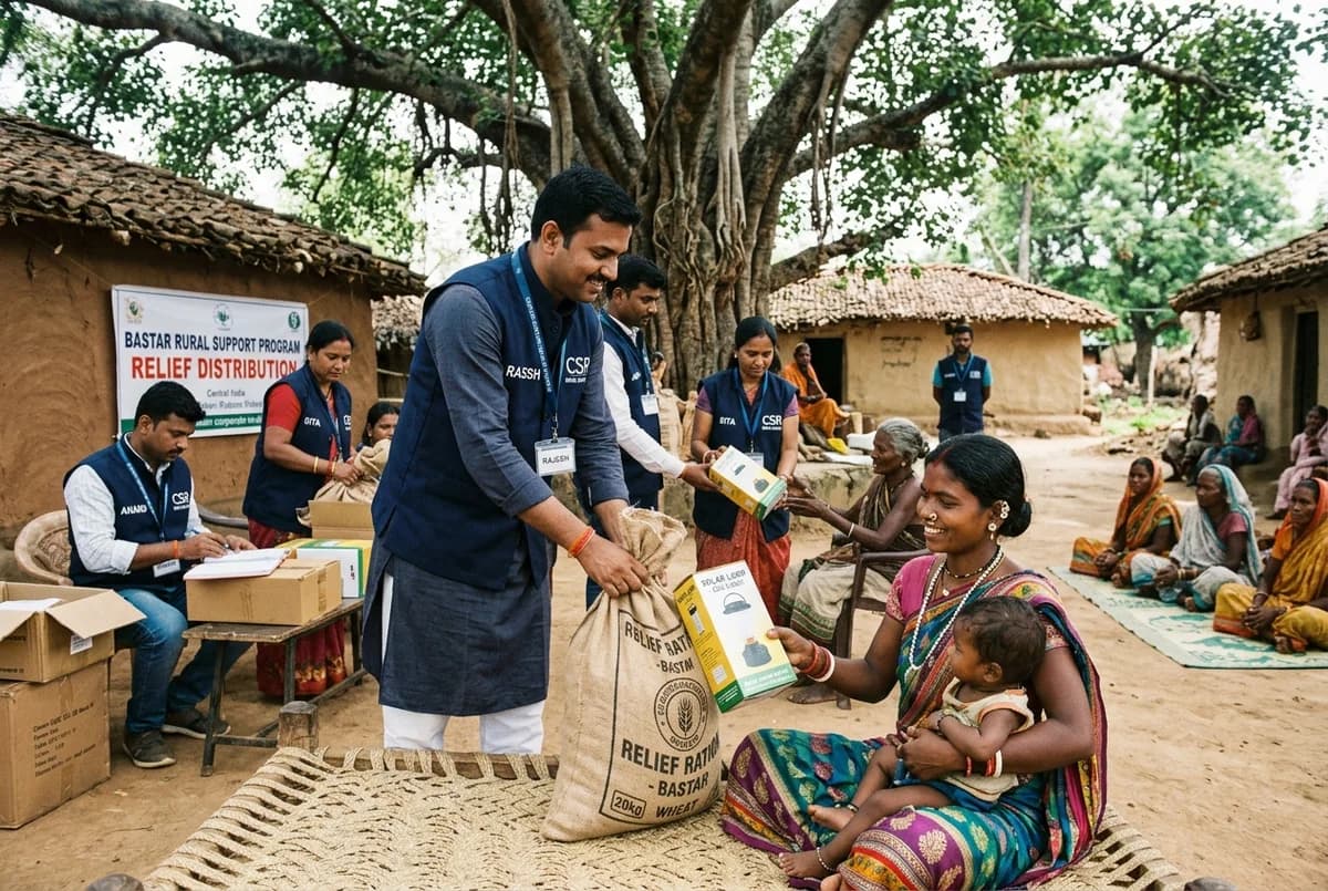 Bastar rural relief distribution with solar lamps and essential rations